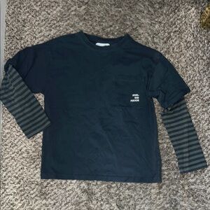 Kids Zara Navy Blue and Green Striped Long Sleeve Shirt with Front Pocket Design